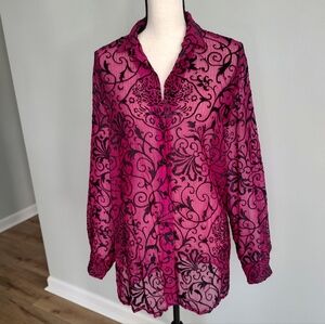 Escada Silk VTG Semi-Sheer Dressy Button Down Blouse Pink Black Scroll EU 42